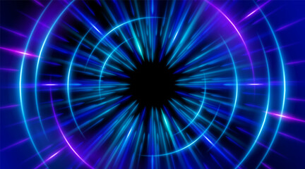 Futuristic abstract background with a radial burst of light and energy, dynamics emanating from the center. Speed. Blue, purple and pink light rays emit and create glowing particle effects.