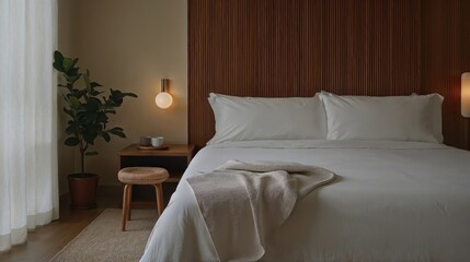 Generative AI, Minimalist Natural Bedroom with Rattan and Wood Accents