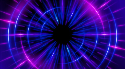 Futuristic abstract background with a radial burst of light and energy, dynamics emanating from the center. Speed. Blue, purple and pink light rays emit and create glowing particle effects.