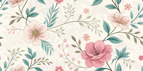 Floral pattern with soft colors and intricate botanical designs on a light background background, wallpaper, opening, AI