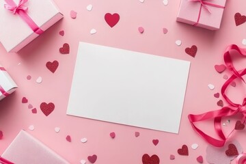 The idea of a romantic letter is captured in a scene featuring a blank paper card mockup, a red envelope, gifts, and decorations, set against a pink background with confetti, evoking a Happy