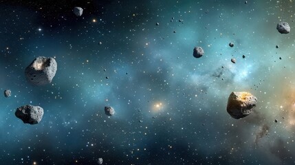 Naklejka premium Asteroid Field in the Cosmos: An awe-inspiring depiction of a vast asteroid field drifting through the cosmos, with celestial bodies, stars, and nebulae painted on the background.
