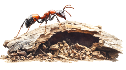 A detailed view of a carpenter ant excavating wood, with a transparent background. --ar 16:9