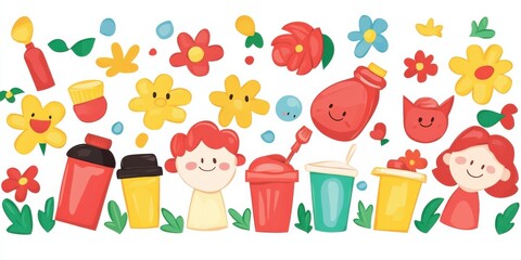 Happy Children and Colorful Drinks Pixel Art Summer Illustration