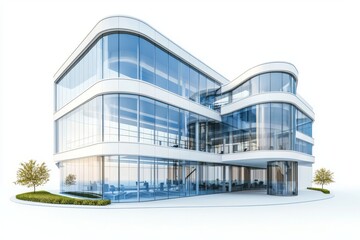 Fototapeta premium A futuristic architectural design defines this modern glass office building, which features sleek curves, large windows, and reflective surfaces