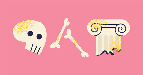 Ancient artifacts and museum objects skull, bones, and ancient column on a pink background. Colorful flat vector illustration. History, archaeology, and ancient civilization concept