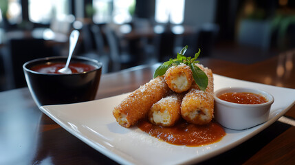 Mozzarella sticks with a crispy spicy layer, deep-fried to perfection and served with a savory, tangy dip to complement the flavors.