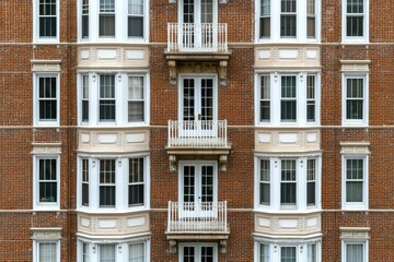 Obraz premium A typical apartment building exterior consists of brick, windows, and balconies