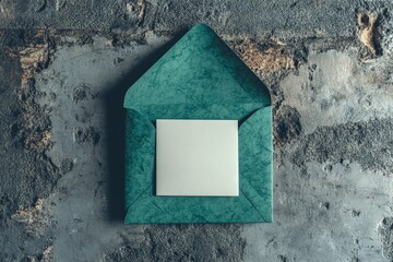 Green envelopes and a blank paper card, part of a wedding stationery set, sit on a concrete table surrounded by eucalyptus branches