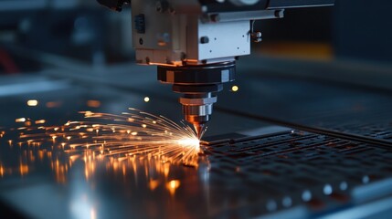 Automated laser cutting machine precisely engraving metal sheets.