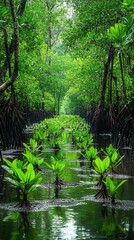 Obraz premium Lush Green Mangrove Forest with Sunlight Reflection