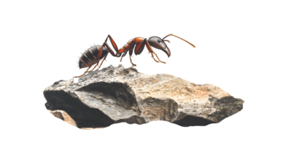 A detailed view of an ant crawling over a rock in a riverbed, with a transparent background. --ar 16:9