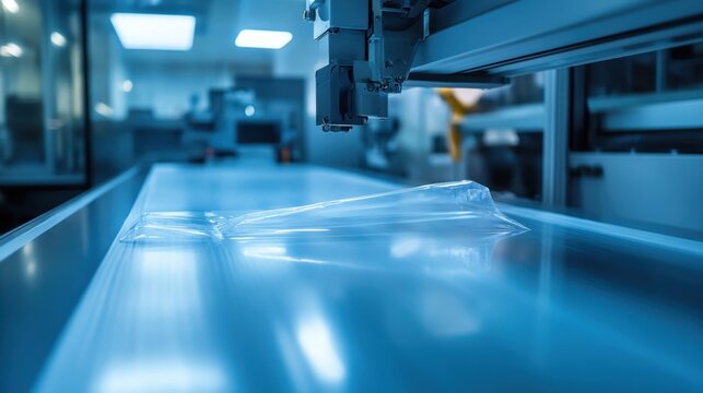Automated robotic packaging machine wrapping products in plastic film.