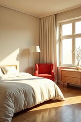 Sunlight streams into a bedroom, illuminating a neatly made bed, a vibrant red armchair, and a light wood dresser.