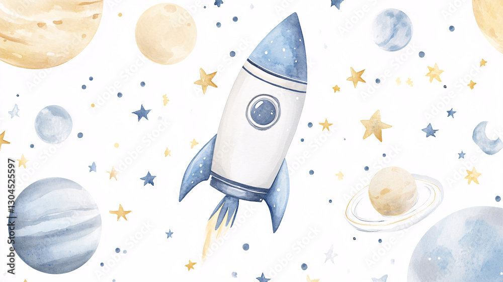 Poster a watercolor rocket with planets and stars on a white background creating a playful space scene