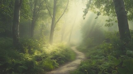 Obraz premium Misty forest path with sunbeams.