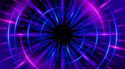 Futuristic abstract background with a radial burst of light and energy, dynamics emanating from the center. Speed. Blue, purple and pink light rays emit and create glowing particle effects.