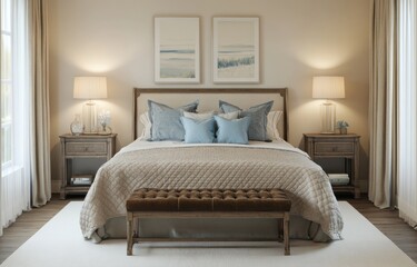 Serene bedroom with beige bedding, blue pillows, wooden furniture, and artwork.