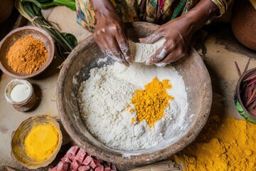 Fototapeta premium Hands Mixing Dry Gulal Ingredients in a Bowl With Vibrant Natural Colors and Raw Materials in a Serene Setting