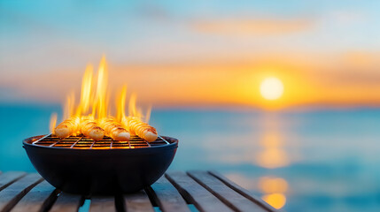 At sunset, fresh seafood is grilling on the beach over an ocean A stunning sunset adds color to  Summer cookout. Delicious dinner by the oceanA leisurely dining experience by the sea. 