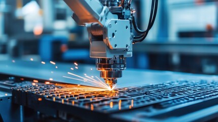 CNC-controlled robotic arm precisely cutting a metal sheet.