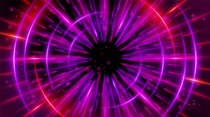 Futuristic abstract background with a radial burst of light and energy, dynamics emanating from the center. Speed. Red, purple and pink light rays emit and create glowing particle effects.