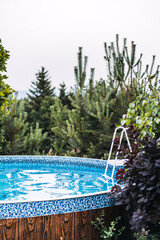 A bright blue above-ground pool nestled among trees and plants, offering a peaceful and refreshing...