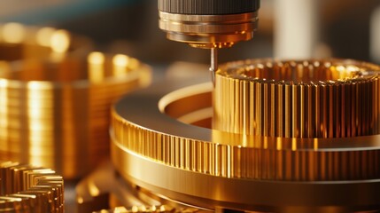 CNC machine using a rotating tool to carve grooves into a brass sheet.