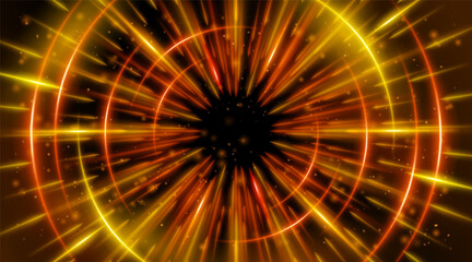 Futuristic abstract background with a radial burst of light and energy, dynamics emanating from the center. Speed. Red, orange and yellow light rays emit and create glowing particle effects.