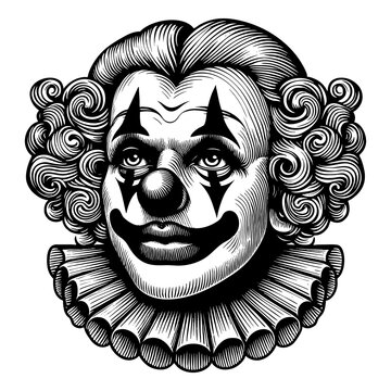 recommend clip art: clown face with curly hair, exaggerated makeup, and a ruffled collar in retro engraving style sketch engraving generative ai PNG illustration. Scratch board imitation. Black and white image.