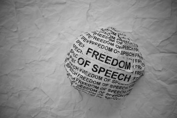 Crumpled paper ball with words Freedom of Speech on torn white paper pieces background.