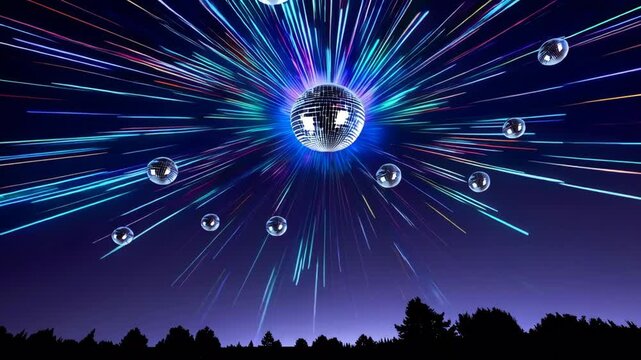 Disco ball radiating colorful beams of light in night sky