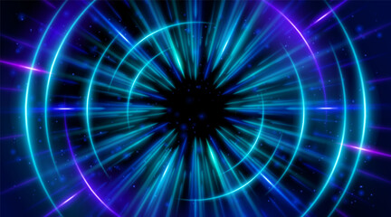 Futuristic abstract background with a radial burst of light and energy, dynamics emanating from the center. Speed. Blue, purple and green light rays emit and create glowing particle effects.