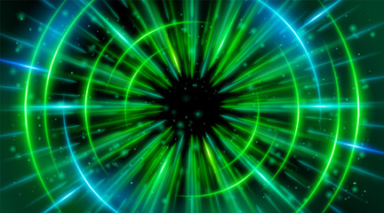 Futuristic abstract background with a radial burst of light and energy, dynamics emanating from the center. Speed. Blue, Green light rays emit and create glowing particle effects.