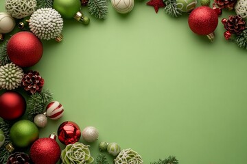 A Christmas background featuring green and red ornaments and decorations is viewed from the top, set against a green backdrop, complete with a Christmas frame, ideal for a New Year greeting card