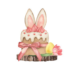 An Easter cake decorated with bunny ears, pink meringue, icing and a ribbon bow sits on a wooden slab with a yellow egg and pink tulip nearby. The watercolor illustration is hand-painted. For design.