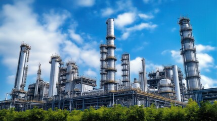 Fototapeta premium Blue Sky Over Industrial Complex Featuring Tall Chimneys, Pipes, and Storage Tanks Surrounded By Greenery in Bright Daylight