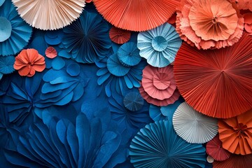 Obraz premium Happy Presidents Day is celebrated with a banner of paper fans on a blue background, evoking the spirit of USA Independence Day, American Labor Day, Memorial Day, and US election