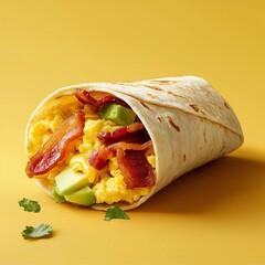 Breakfast burrito filled with eggs bacon avocado on a wooden table with ad design