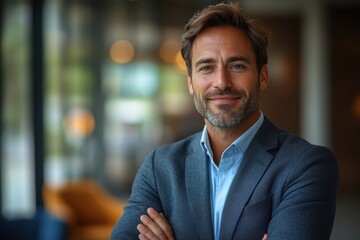 Fototapeta premium A close-up shot of a sharp, professional male in a blazer with arms crossed, his gaze direct, exuding confidence and approachability within a modern