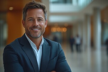 Fototapeta premium A close-up shot of a sharp, professional male in a blazer with arms crossed, his gaze direct, exuding confidence and approachability within a modern