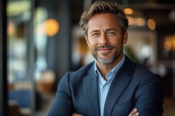 A close-up shot of a sharp, professional male in a blazer with arms crossed, his gaze direct, exuding confidence and approachability within a modern