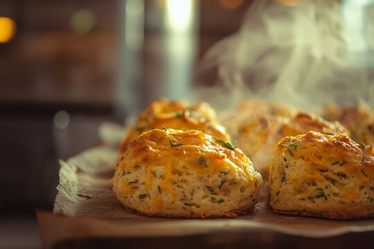 Freshly baked cheddar and chive scones arranged on wooden board with kitchen cloth
