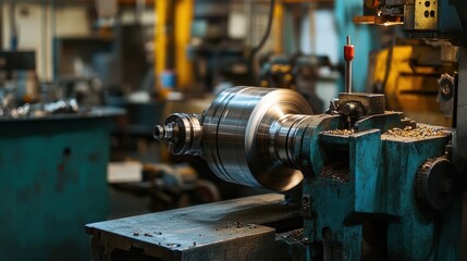 Fototapeta premium Industrial CNC lathe machine shaping cylindrical metal parts.