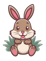 Obraz premium Cute cartoon bunny with pink ears and paws sitting among green leaves 