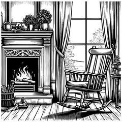 Fototapeta premium cozy vintage room with a fireplace, rocking chair, books, and decorative elements engraving generative ai sketch PNG illustration