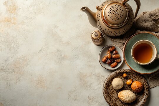 Ramadan Kareem concept featuring Ramadan dates, a cup of tea, a rosary, and an oriental lantern arranged on a crescent moon plate against a white background