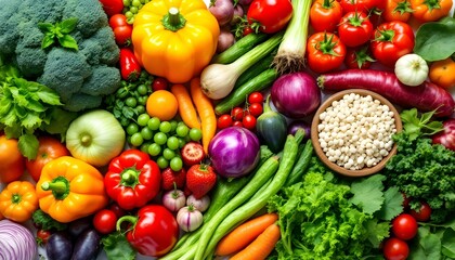 Vibrant fresh vegetables and fruits, colorful produce arrangement