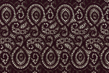 Textured background made of openwork lace fabric. Lace for sewing clothes and decor.