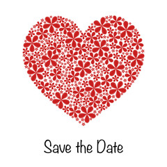 Save the Date - Schriftzug in englischer Sprache - Reserviere den Termin. Einladungskarte mit einem Herz aus roten Blüten.